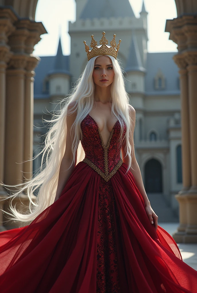 A woman with long white hair,I want her wearing a very luxurious princess dress with an abstract concept of the wine red color,I want her posing and I want the background to be a castle,a crown on her head