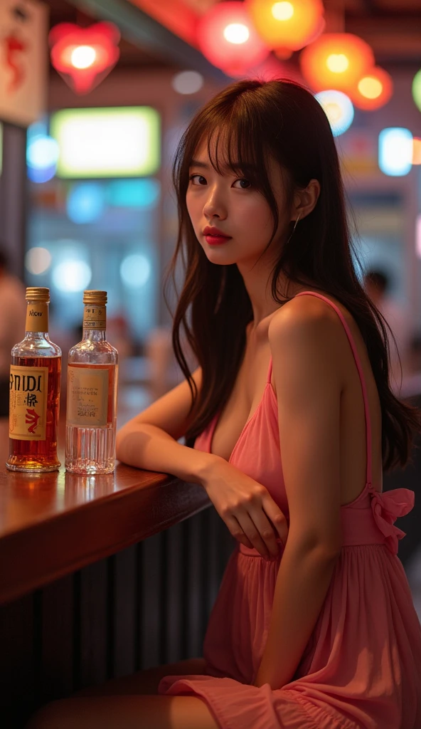 Japanese young girl sitting at a bar with a bottle of alcohol, very big breasts, wearing transparent short dress pink, shot with canon eoa 6 d mark ii, shot with sigma f / 4. 2, shot with sigma f/ 4.2, shot on canon eos r5, shot on canon eos r 5, korean girl, a young asian woman, captured on canon eos r 6