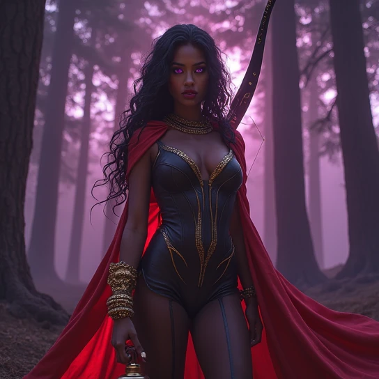 1girl, tall, dark curly hair, brown skin, eerie dark forest, holding bow right hand, holding lantern left hand, body fitted leather jumpsuit, no skin showing, gold corset, gold dragon bracelet, black knee-high boots, red cape flowing, different colored eyes (right eye red, left eye purple), puckered lips, pain expression, (best quality,4k,8k,highres,masterpiece:1.2),ultra-detailed,(realistic,photorealistic,photo-realistic:1.37),HDR,UHD,studio lighting,ultra-fine painting,sharp focus,physically-based rendering,extreme detail description,professional,vivid colors,bokeh,fantasy,dark fantasy,portrait