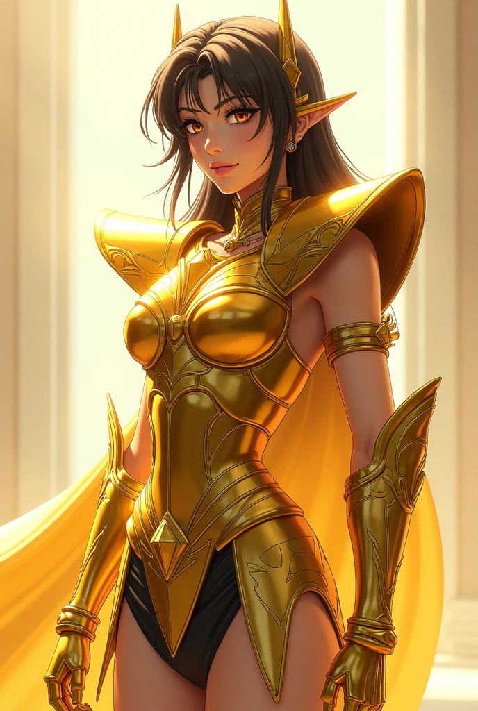 saint seiya sagittarius ailios japanese women,beautiful,tempting body,In the bright light of the film, the highly detailed depiction of Saint Seiya in their iconic Gold Armor stands out. The armor shines brilliantly with a realistic and hyper-realistic level of detail, highlighting every part and its intricacies. The Saint Seiya characters stand tall, walk, exuding a sense of strength and determination, with their sparkling eyes and finely sculpted lips. The entire scene is set against a clean b