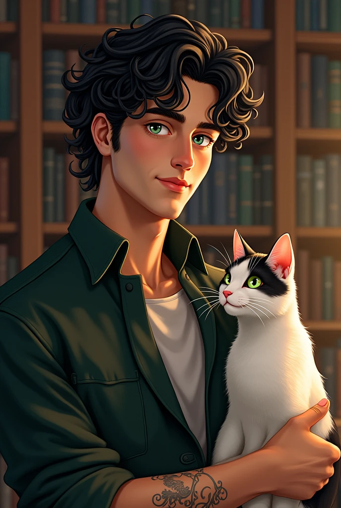 A man so tall
Black curly hair
Soft smile
In a library
A cat near him
A little tattoo's on his left arm
Green eyes