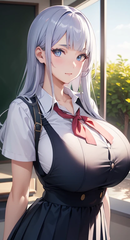 professional artwork, Intricate Details, field of view, sharp focus, detailed painting, photorealistic lighting, trending on pixiv, Standing at attention, ((school girl, summer school outfit)), ((huge breasts:1,3)), Beautiful body,Beautiful Nose,Beautiful character design, perfect eyes, perfect face, looking at viewer, SFW,official art,extremely detailed CG unity 8k wallpaper, perfect lighting,Colorful, Bright_Front_face_Lighting, (masterpiece:1.0),(best_quality:1.0), ultra high res,4K,ultra-detailed, photography, 8K, HDR, highres, absurdres:1.2, Kodak portra 400, film grain, blurry background, bokeh:1.2, lens flare, (vibrant_color:1.2), shikkoku_yorihime, (seductive look), ((looking at viewer, front body pose))