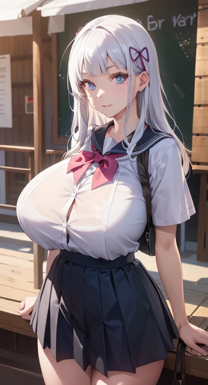 professional artwork, Intricate Details, field of view, sharp focus, detailed painting, photorealistic lighting, trending on pixiv, Standing at attention, (( girl, summer school outfit)), ((huge breasts:1,3)), Beautiful body,Beautiful Nose,Beautiful character design, perfect eyes, perfect face, looking at viewer, SFW,official art,extremely detailed CG unity 8k wallpaper, perfect lighting,Colorful, Bright_Front_face_Lighting, (masterpiece:1.0),(best_quality:1.0), ultra high res,4K,ultra-detailed, photography, 8K, HDR, highres, absurdres:1.2, Kodak portra 400, film grain, blurry background, bokeh:1.2, lens flare, (vibrant_color:1.2), shikkoku_yorihime, (seductive look), ((looking at viewer, front body pose))