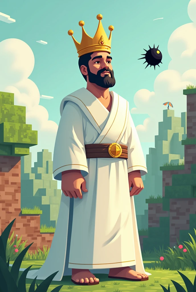 Homem with crown white clothes with a small with black sun with cartoon style Minecraft