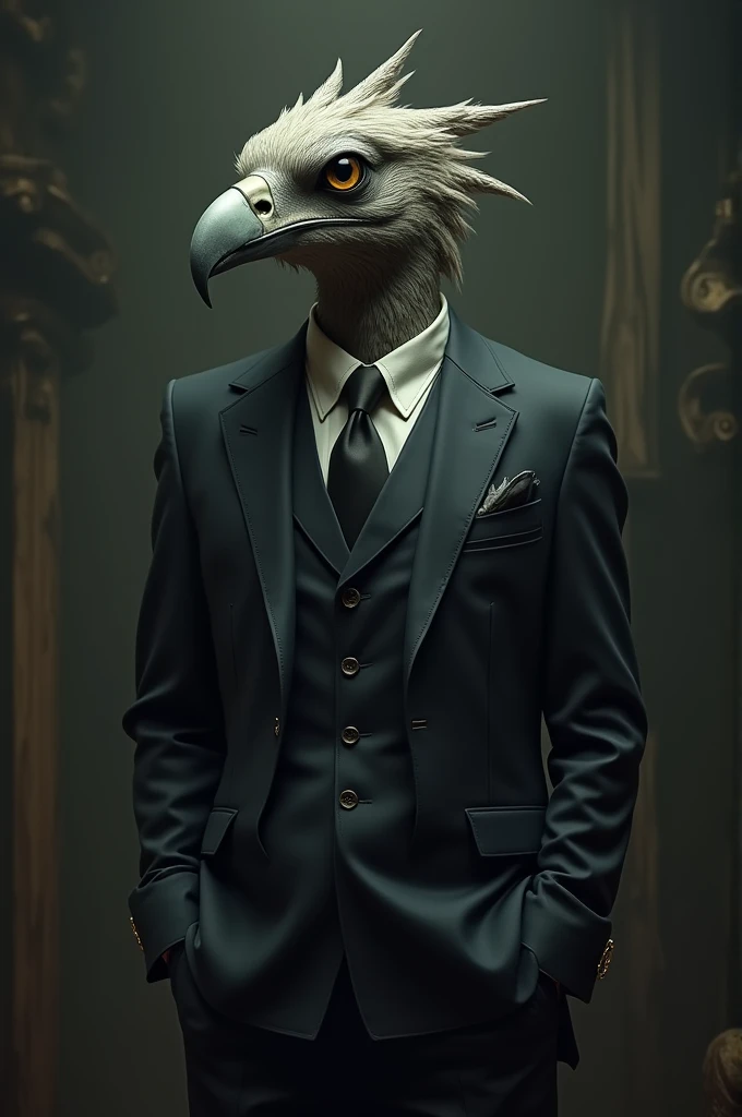 A man in a bird-headed suit