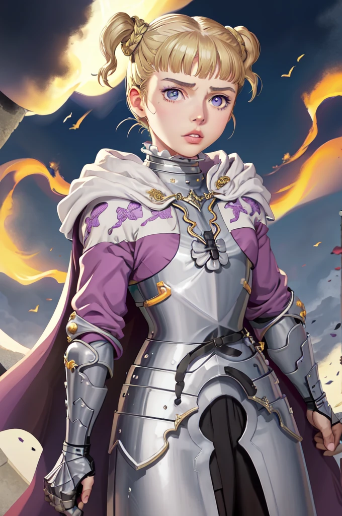 Farne Arm, alone, Short Twin Tails, (lips:0.7), Black-purple armor, breastplate, Gauntlet, Cape, View your viewers, Mature Woman, (Severe:0.5), Traditional Media, (fire:0.7), Night Sky, 残りfire, Town centre, Medieval, 