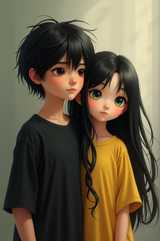 Boy with long black hair in black shirt with a girl with black hair and green eyes in yellow shirt