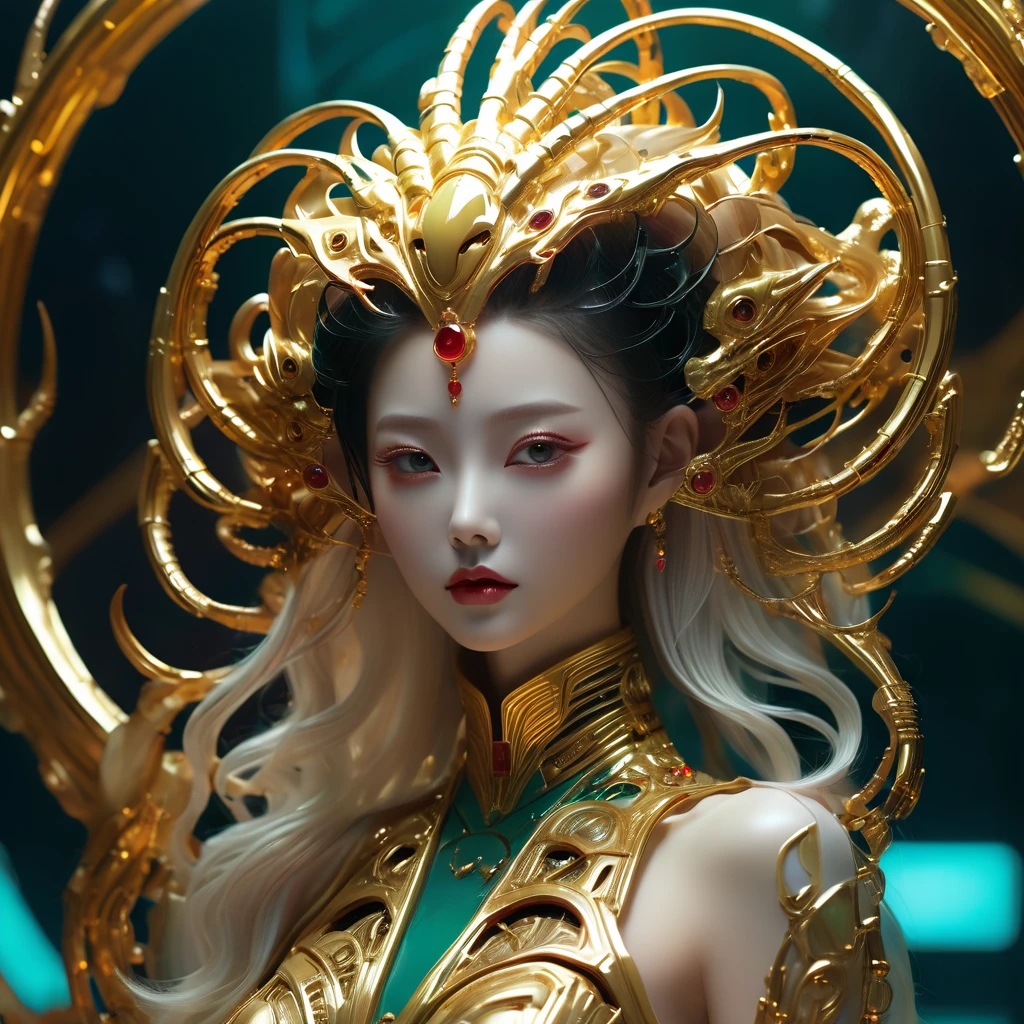 A fashion runway for alien technology , Exquisite face,vogue photography , Inspired by Chinese Xianxia and cyberpunk。(Best quality,4K,8k,A high resolution,Masterpiece:1.2), (Realistic,Photorealistic,photo-realistic:1.37).Gold inlaid jade style,Shiny,Exquisite,Hell Girl,Riding the Ruby Monster