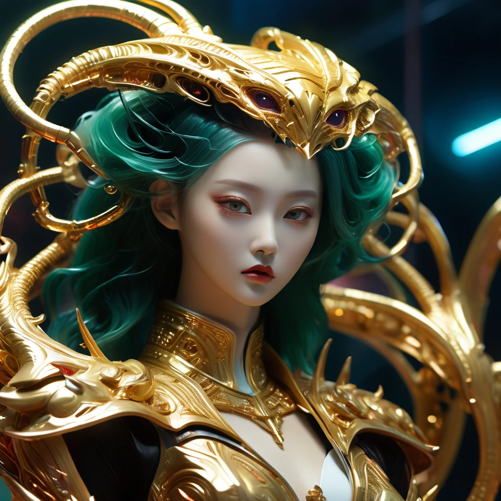A fashion runway for alien technology , Exquisite face,vogue photography , Inspired by Chinese Xianxia and cyberpunk。(Best quality,4K,8k,A high resolution,Masterpiece:1.2), (Realistic,Photorealistic,photo-realistic:1.37).Gold inlaid jade style,Shiny,Exquisite,Hell Girl,Riding the Ruby Monster