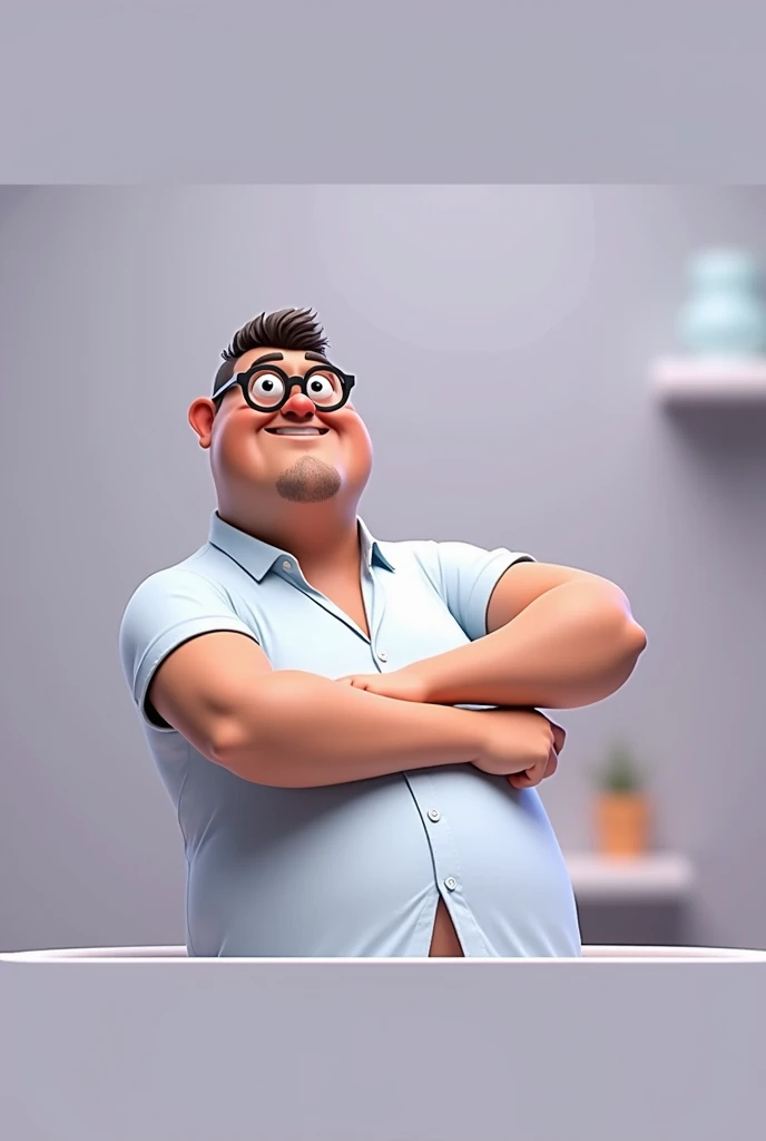Cartoon character of a man in black glasses and blue shirt, an animated character, stylized character, animation style rendering, 3d stylized, Arnold Maya rendering, Stylized 3D rendering, toon render screenshot, 3d character, 3d character, Stylized 3D rendering, 3D character rendering, cartoon character, Personagem de close up, character posing, (Pixar-style) (master part:1.2) (bokeh) (best qualityer) (skin detailed) (detailed texture) (8k) (Argilla) (cinematic lighting) (sharp focus，Sit down and lift your upper body