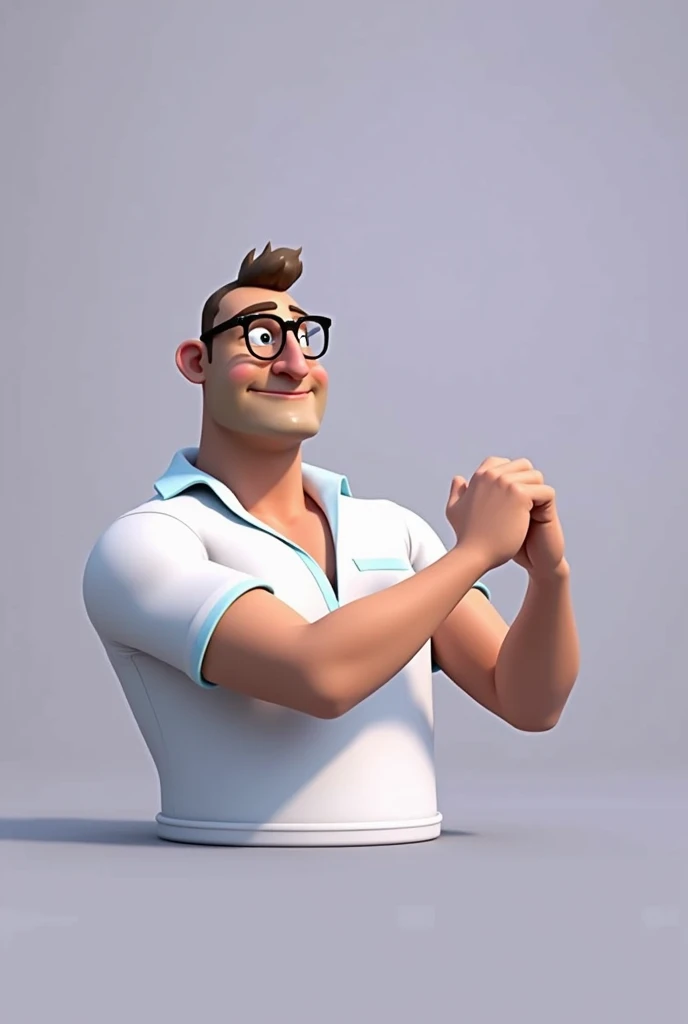 Cartoon character of a man in black glasses and blue shirt, an animated character, stylized character, animation style rendering, 3d stylized, Arnold Maya rendering, Stylized 3D rendering, toon render screenshot, 3d character, 3d character, Stylized 3D rendering, 3D character rendering, cartoon character, Personagem de close up, character posing, (Pixar-style) (master part:1.2) (bokeh) (best qualityer) (skin detailed) (detailed texture) (8k) (Argilla) (cinematic lighting) (sharp focus，Sit down and lift your upper body