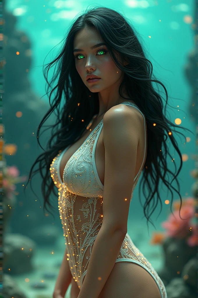 high quality, 8K Ultra HD, beautiful and sexy Bioluminescent woman with a slim figure medium teardrop breasts, beautiful flowing Bioluminescent flowers forming a beautiful woman, full depth of field and realistic textures