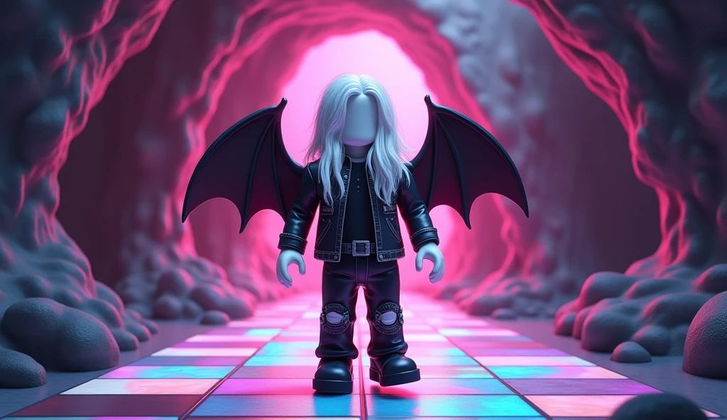 Beautiful tall square Roblox male doll, with long white hair, rocker clothes with black jeans and black shirt and two black bat wings and no lips, white skin, no mouth and beautiful body, dancing in a cave, cartoon, Vice City GTA, background of a ceuva with a dance floor