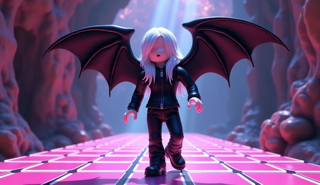 Beautiful tall square Roblox male doll, with long white hair, rocker clothes with black jeans and black shirt and two black bat wings and no lips, white skin, no mouth and beautiful body, dancing in a cave, cartoon, Vice City GTA, background of a ceuva with a dance floor