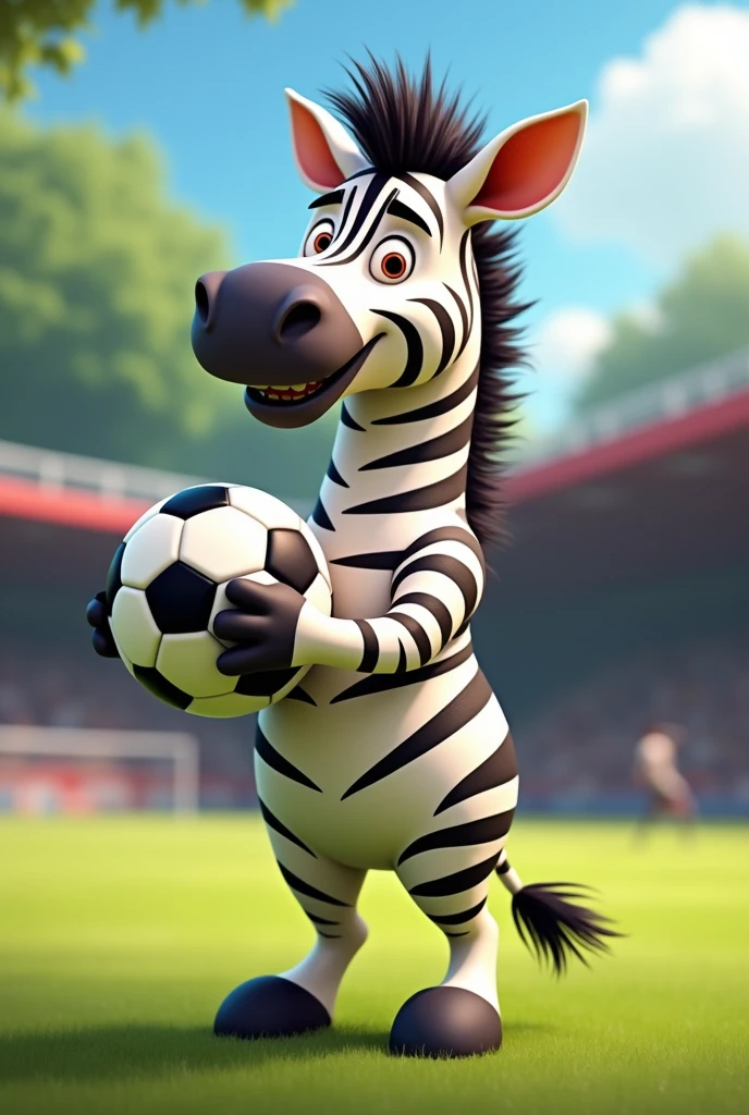 Animated zebra standing on 2 legs holding a soccer ball in its hand