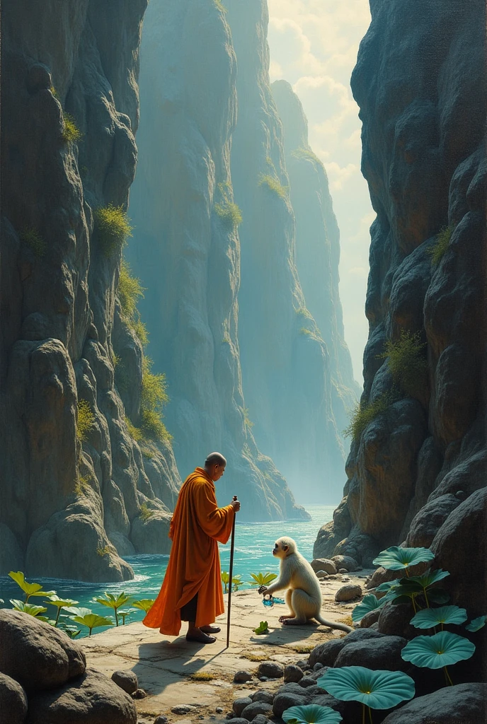 full lenght Try to imagine that this is a scene in There is a Chinese monk (Tang Sanzang) wearing a white monk robe. Tang Sanzang is dressed in saffron robes and uses a walking stick. On his journey to invite the Tai Buddha, he arrives at a large rocky mountain. There is a white monkey that has been crushed by the rocky mountain, only its head showing. The Chinese monk puts water in a lotus leaf for the monkey to drink. The atmosphere is intense and sacred. Scene of a large rocky mountain. Oil painting. Three-dimensional painting. Art painting by Ajarn Chalermchai.