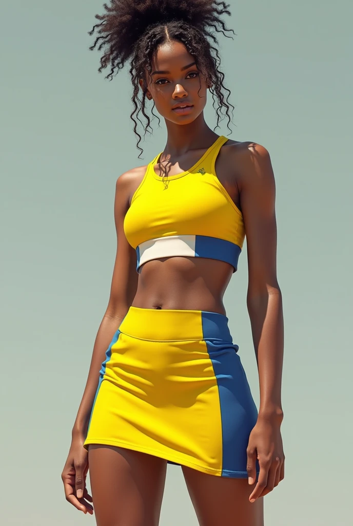 Design a skirt and blouse model sherleader style for a  sports girl with the colors of yellow brazil, blue and white.
