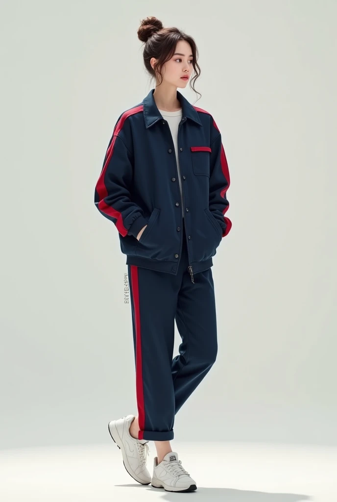 Make me a picture of a girl with her hair tied up in a bun, brown hair with a navy blue jacket with red stripes and navy blue pants with red stripes. The girl should be pale, that is, white skin and with white sneakers.