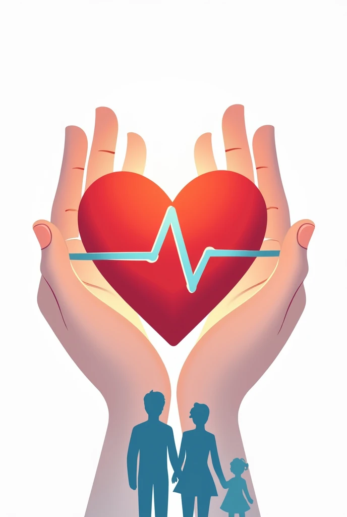 Health company logo with hands holding a red heart with a blue lifeline and below the heart a complete family with a white background