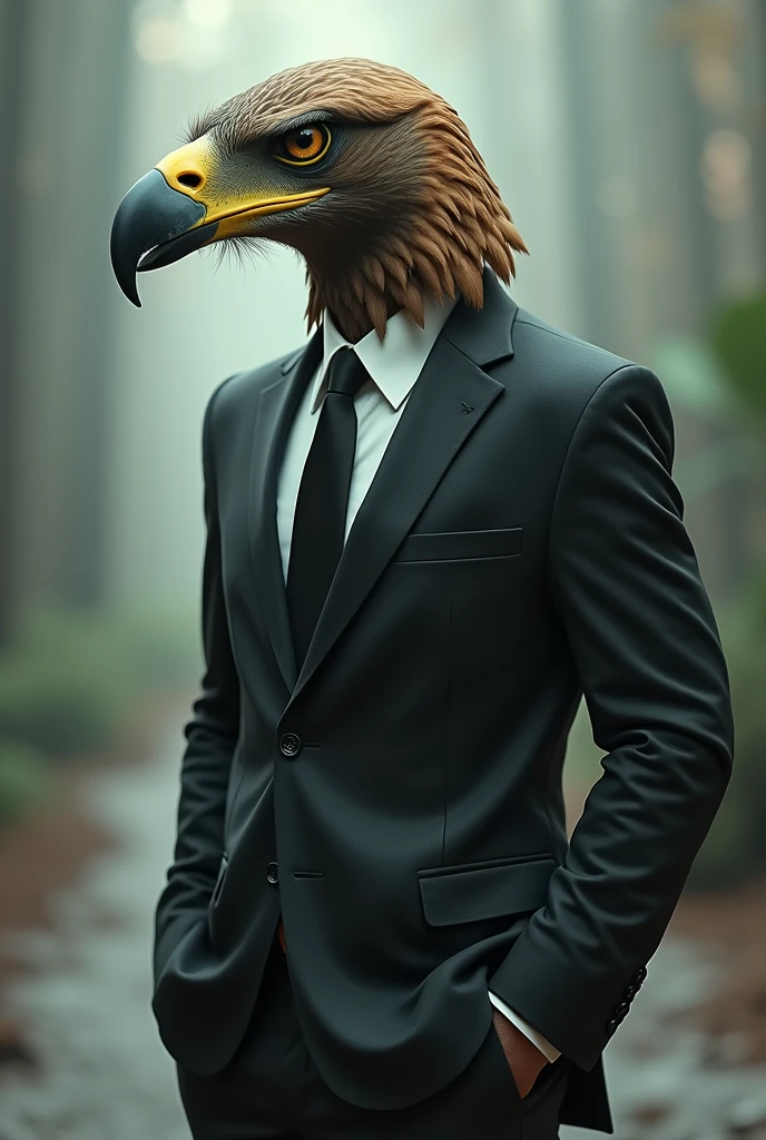 A man in a suit with a bird head