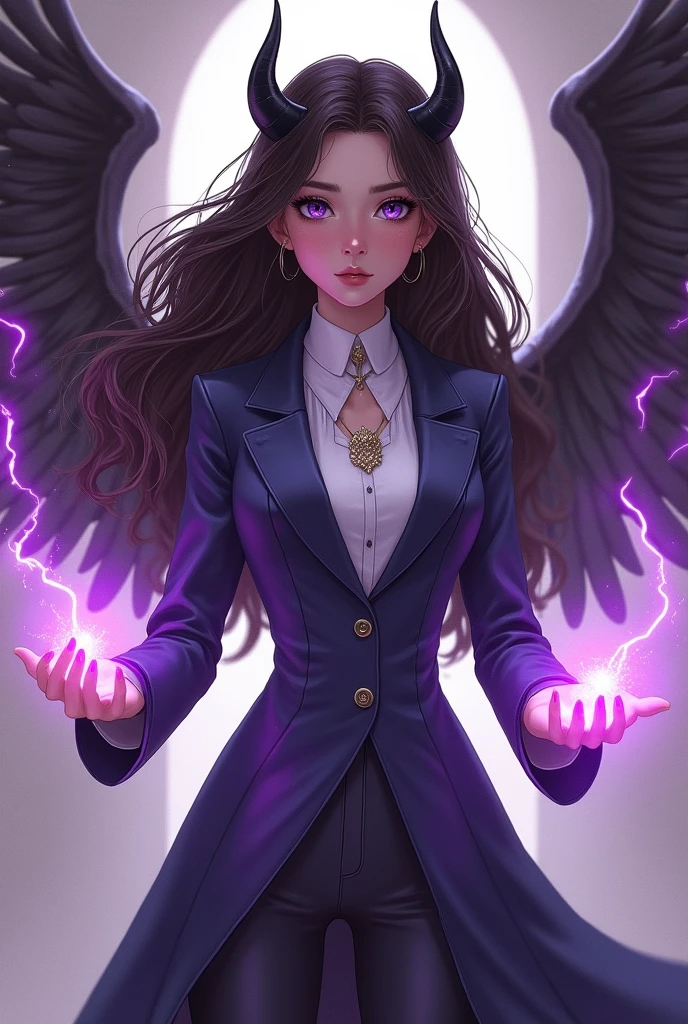 ager with long, semi-wavy dark brown hair, thin and almond skin, purple and blue eyes, purple magic through her hands, in agent suit/Superhero with a slight royal style and neutral colors with certain lilac tones, with black angel wings and small black horns