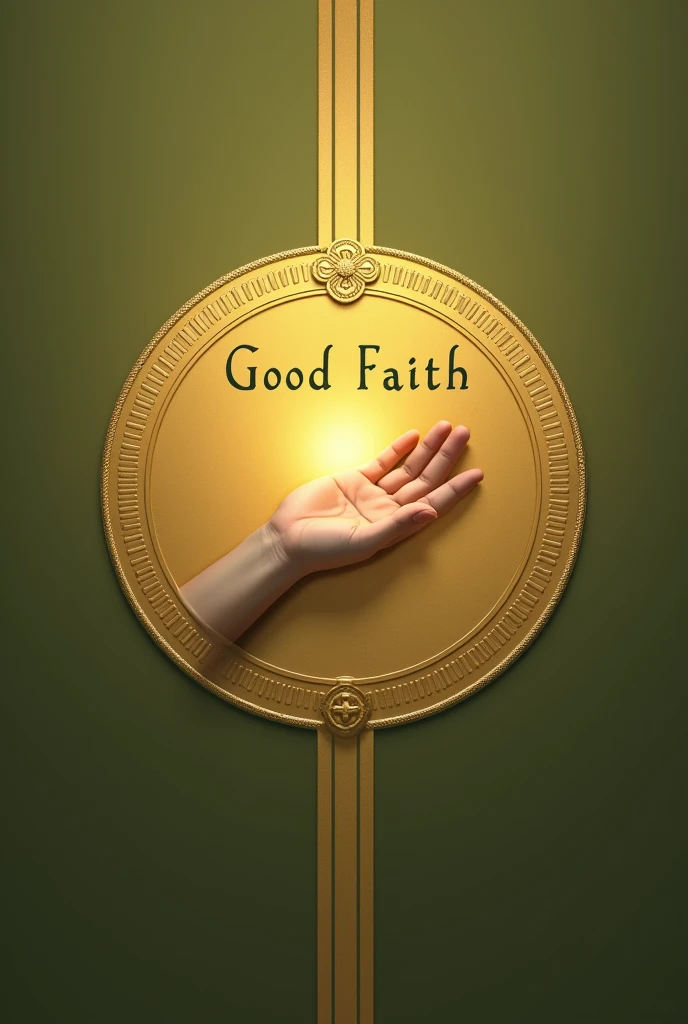 An art for an evangelical flag in olive green color, with simple round golden coat of arms with the name good faith and a symbol , which represents the hand of the sick woman who touched Jesus&#39; clothes.