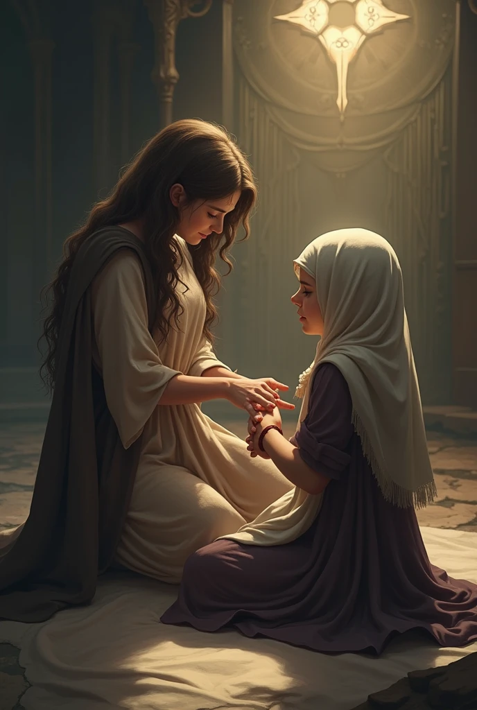 He kneels down in front of him and goes to take the wounded arm as something sacred and animated.