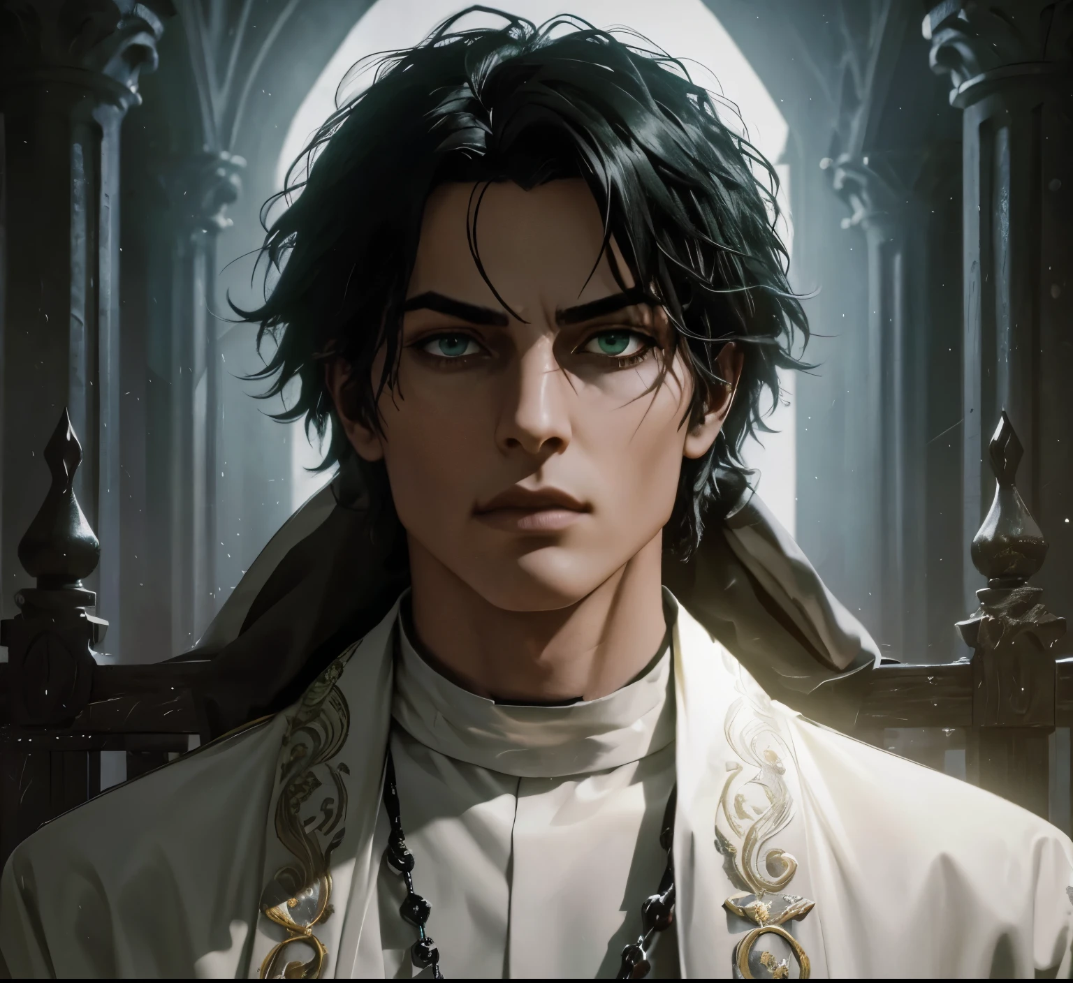 (an androgynous male assassin:1.1),wild black hair,green eyes,slim,black assassin clothing,in a castle,medium:oil painting,detailed background,moody lighting,vivid colors,dark and mysterious ambiance,ominous atmosphere