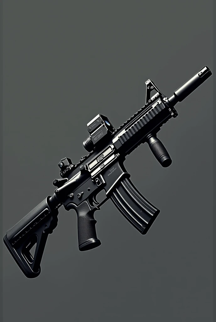 Imagine an extended magazine M16 with holographic sight with silencer and grip