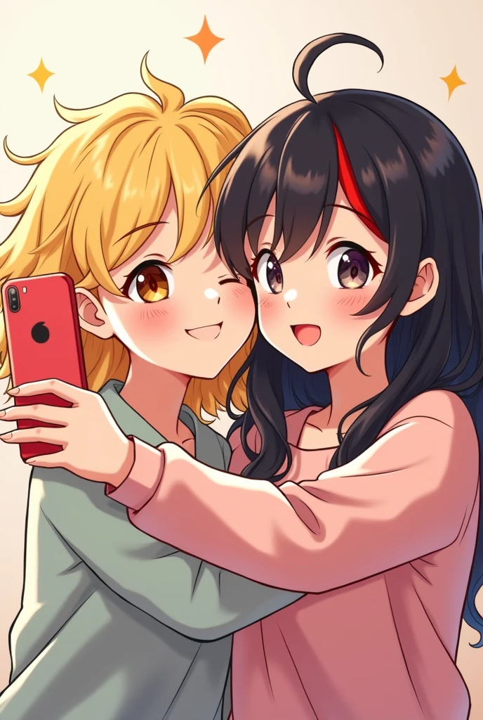 A blonde woman with curly hair, hugging a Japanese woman with black hair with red highlights, taking a selfie, anime style