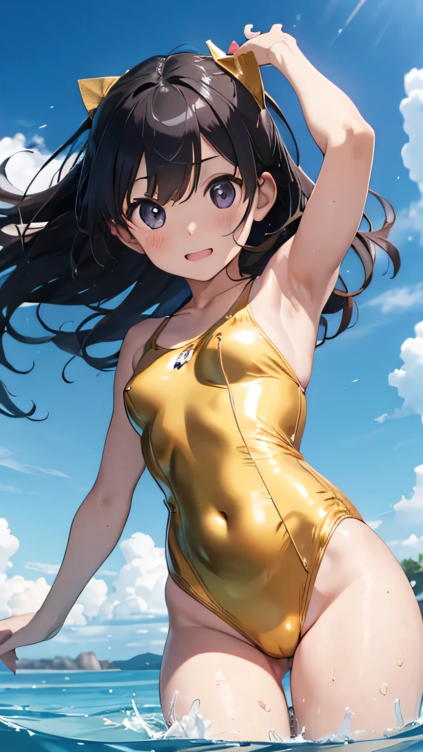 Realistic depiction、(infant:1.9)、Smooth and shiny texture huge bust metallic enamel gold swimsuit