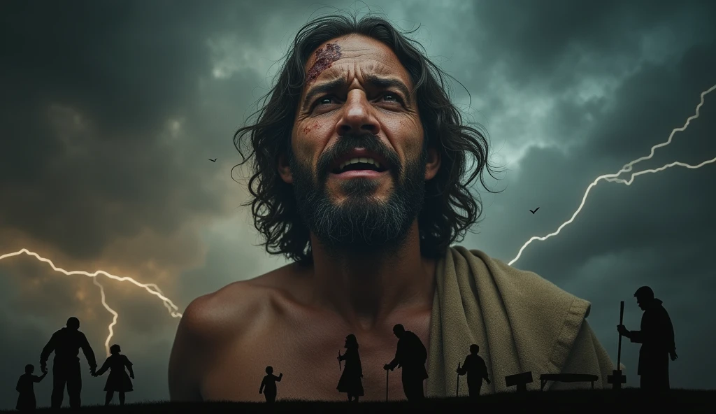 "A dramatic and visually striking YouTube video thumbnail about the life of Job (Jo) from the Bible. The background is dark and stormy, with swirling clouds, lightning, and a sense of chaos. Job is centered in the foreground, his face marked by deep sorrow, with visible sores and chagas on his body. His expression shows a mix of pain, despair, and unwavering faith. He wears tattered, simple clothing. Additional faded elements, such as the silhouettes of Job’s lost family and possessions, are placed at the bottom of the image, emphasizing his losses. Dramatic lighting focuses on Job’s face, with strong shadows to enhance the emotional intensity."
