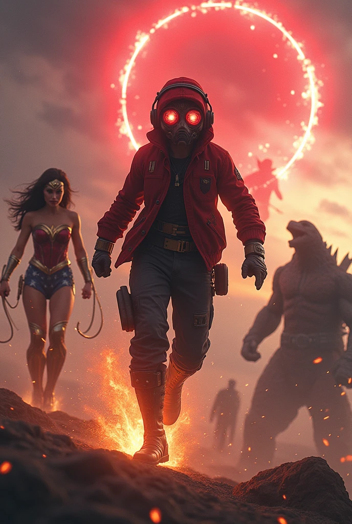 Young Star-lord with red hoodie, headphones, star-lord helmet, gas helmet, covered mouth, round red eyes, Red eyes, magic rings in the hands and rocket boots, Vs. Doctor strange vs. Wonder woman (Big tits), Vs Godzilla, Fighting, power, fiction, full body, 4 persons, magic lasso, hight, fall, fire in boots, poweful spells, fighting, realistic, helmet, mask, confrontation, punch, gun, flying in the sky, red magic portal, view of the city from above