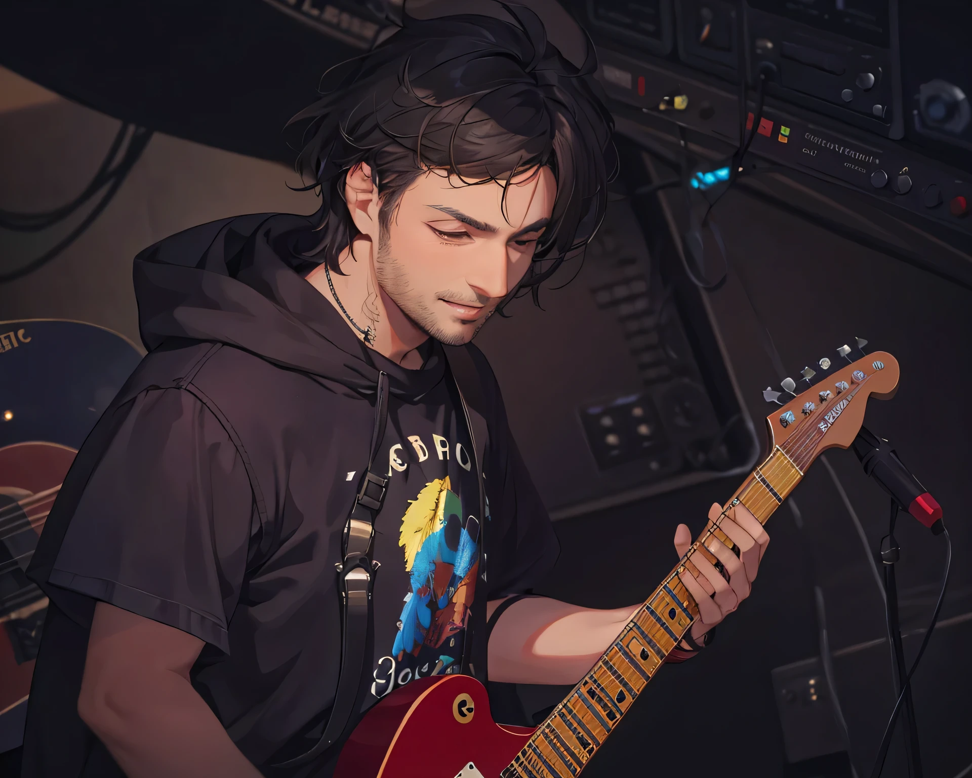 arafed man playing a guitar in a recording studio, rocking out, playing guitar onstage, playing the guitar, jamming to music, guitar solo, emad mostaque, michael vicente, masterful composition!!!, playing a guitar, playing a gibson les paul guitar, playing electric guitar, he is a rockstar, desaturated!!, guitarist, lead guitar, performing on stage, (Masterpiece), (best detail), (Best quality), (((2D))), happy, small, (Young), good-looking
