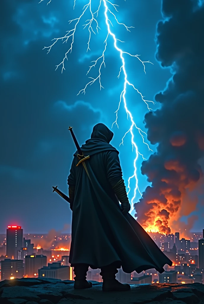Man in a cloak with a sword on his back watching a blue thunderstorm over a burning city. with red and blue lights illuminating off a building.