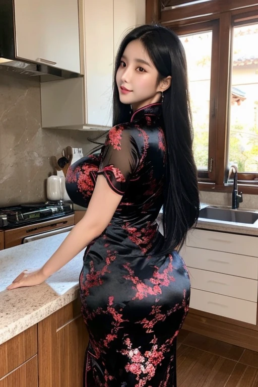 Super-detailed, 8k, Korean girl, 1 girl, mature, long delicate black hair, perfect figure, busty body, curvy body, large and droopy breast, slender hips, thick thighs, huge round ass, long black Chinese cheongsam dress, standing in the kitchen