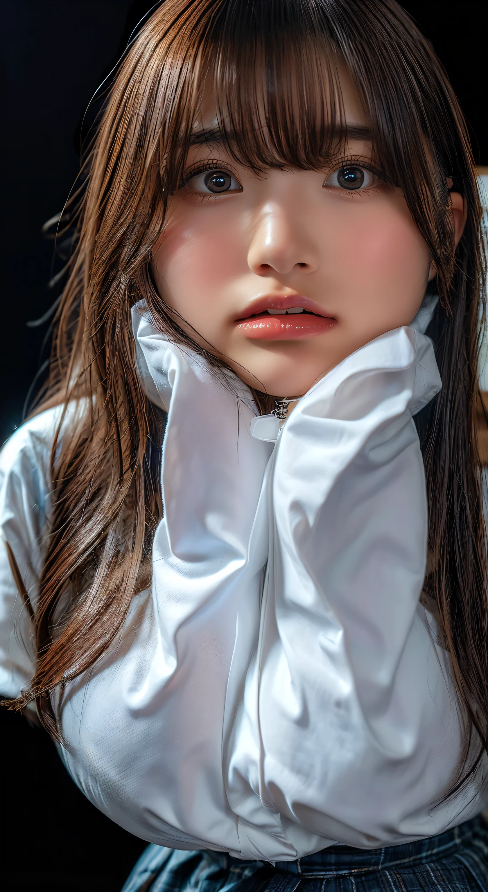 (Highest quality、Full body to toes、Best image quality、Award-winning works)、Extremely cute and lewd female teacher、White polyester collared shirt ripped because her breasts were too big、Short sleeve:1.4)、(Navy Pleated Skirt:1.1)、Girl portrait photography、Glowing Skin、Brown Hair、Are standing、Look at the audience with a big smile on your face、Sculpture Pose、(Science Room Background:1.45)、(Very obscene and huge breasts bigger than her face:1.85)、Accentuate your body lines:1.1)、Very large red ribbon tie、Very long hair:1.75、A very cute expression of begging to be held