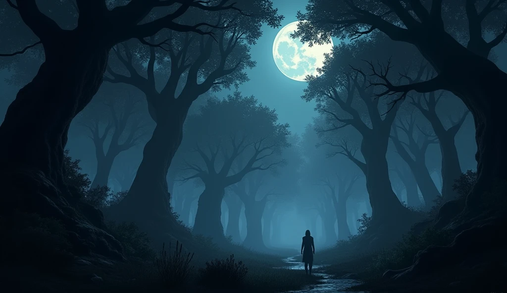3D animated style image of A dark and dense forest with a full moon that barely illuminates the scene.