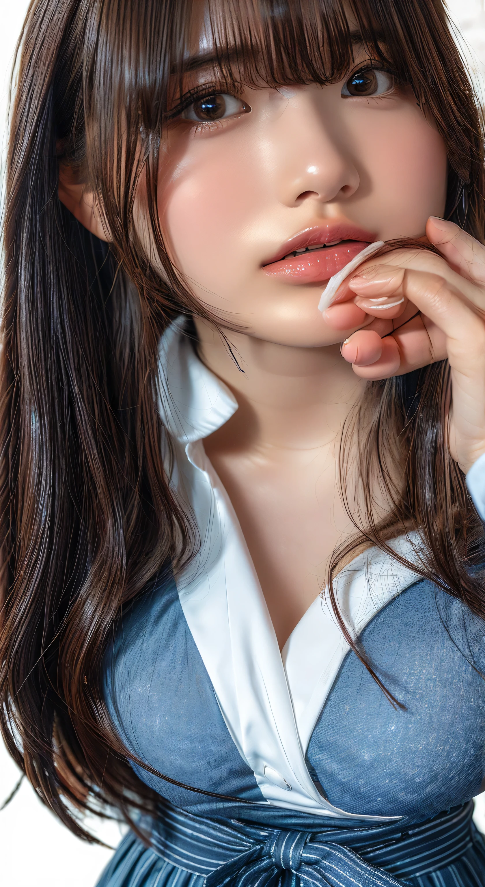 (Highest quality、Full body to toes、Best image quality、Award-winning works)、Extremely cute and lewd female teacher、White polyester collared shirt ripped because her breasts were too big、Short sleeve:1.4)、(Navy Pleated Skirt:1.1)、Girl portrait photography、Glowing Skin、Brown Hair、Are standing、Look at the audience with a big smile on your face、Sculpture Pose、(Science Room Background:1.45)、(Very obscene and huge breasts bigger than her face:1.85)、Accentuate your body lines:1.1)、Very large red ribbon tie、Very long hair:1.75、A very cute expression of begging to be held