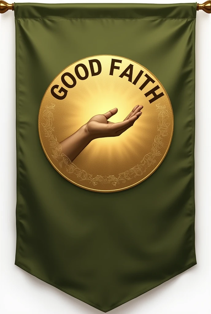 An art for an evangelical flag in olive green color, with simple round golden coat of arms with the name good faith and a symbol , which represents the hand of the sick woman who touched Jesus' clothes.