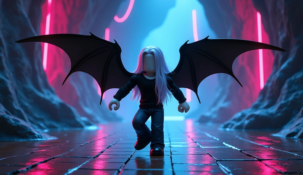Beautiful tall square Roblox male doll, with long white hair, rocker clothes with black jeans and black shirt and two black bat wings and no lips, white skin, no mouth and beautiful body, he is dancing in a cave, cartoon, Vice City GTA, background of a ceuva with a dance floor