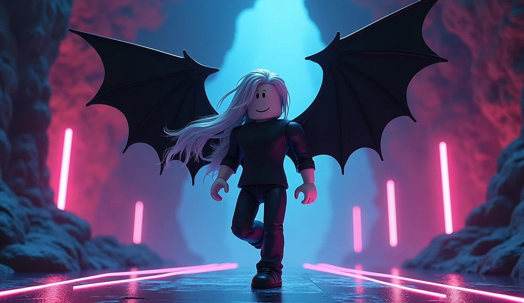 Beautiful tall square Roblox male doll, with long white hair, rocker clothes with black jeans and black shirt and two black bat wings and no lips, white skin, no mouth and beautiful body, he is dancing in a cave, cartoon, Vice City GTA, background of a ceuva with a dance floor