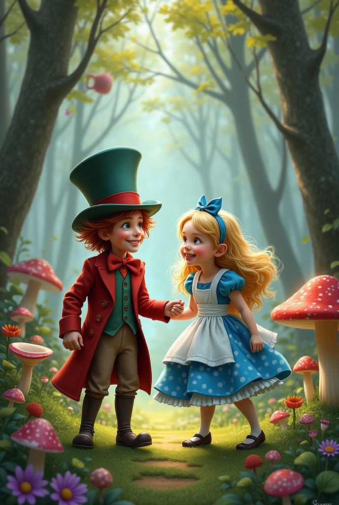 Alice in Wonderland, Alice and the Mad Hatter children playing in the enchanted forest