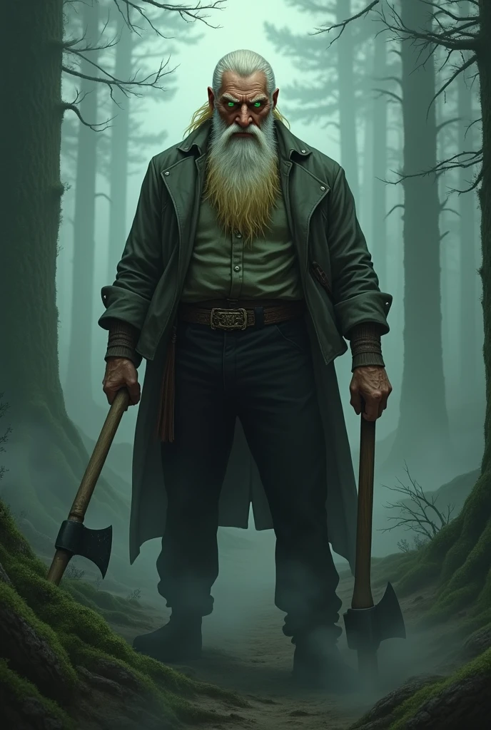 A handsome grandfather with yellow hair and beard,with elegant black pants and shirt,bright green eyes,that is in a foggy forest,that has an axe,angry and looks scary 