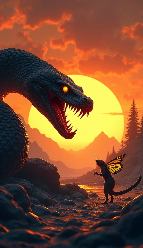 This is a digital image of a Buterfly walking on rocky ground. The snake is facing the right side of the image, with its mouth wide open, its teeth sharp, and its eyes yellow. The background is a dark orange sky from sunset. The land is covered with rocks and boulders and there are some trees and mountains in the distance. The general feeling of the image is fierce and powerful.