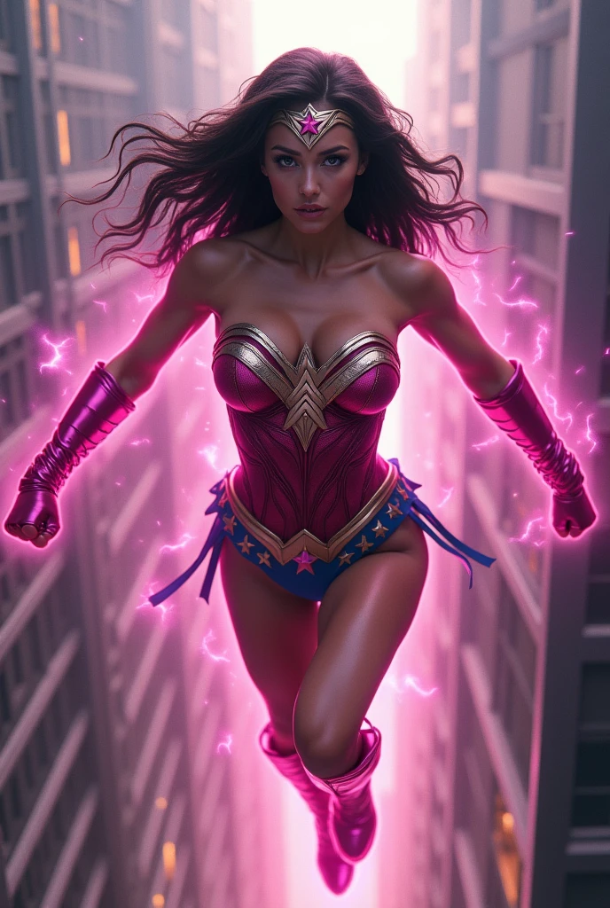 (((Midjourney A beautiful American woman with light eyes and long black hair))),(((Flying between the skyscrapers Screaming))),(((Wearing a swimsuit with fuchsia leather sleeves))),(((With tiny scales))),(((Fuchsia sleeves falling from her shoulders))),((((Long fuchsia boots and gloves))),(((Long silver-colored metal bracelets fitted to your wrists))),(((Fuchsia corset with white ten-pointed star))),(((In his abdomen))),(((Mask soldiers in fuchsia metal Wonder Woman style with a white star on her forehead))),(((Mask soldiers in fuchsia metal Wonder Woman style with a white star on her forehead))),(((Woman of thick build with muscles in her arms and legs))),((((((,This costume does not have any kind of cape or wings.)))))),(((fuchsia magic around her whole body)))