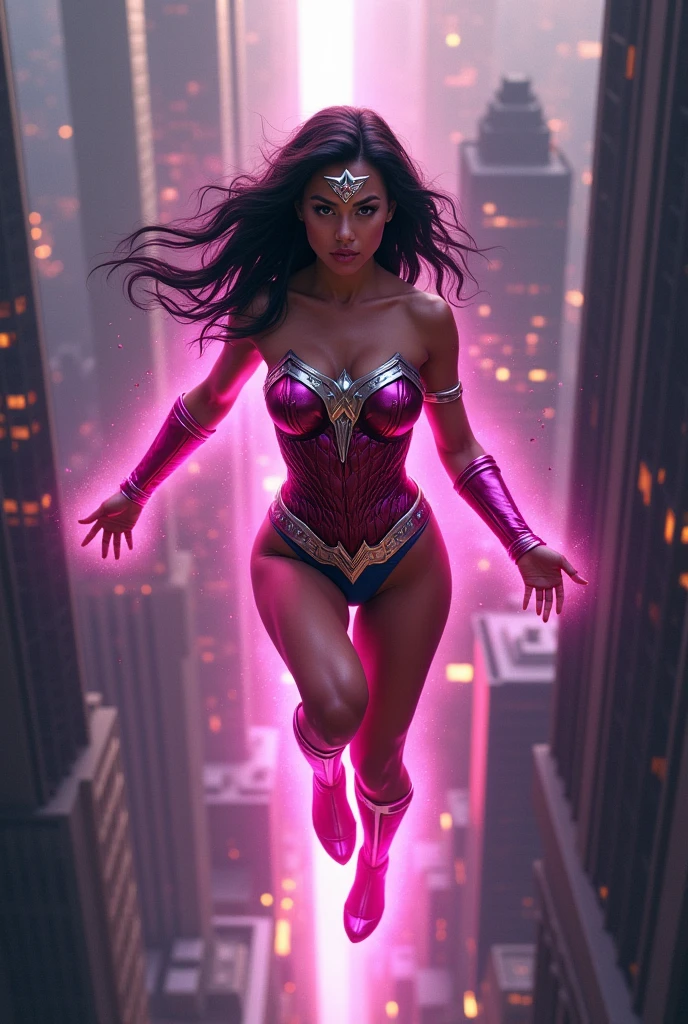 (((Midjourney A beautiful American woman with light eyes and long black hair))),(((Flying between the skyscrapers Screaming))),(((Wearing a swimsuit with fuchsia leather sleeves))),(((With tiny scales))),(((Fuchsia sleeves falling from her shoulders))),((((Long fuchsia boots and gloves))),(((Long silver-colored metal bracelets fitted to your wrists))),(((Fuchsia corset with white ten-pointed star))),(((In his abdomen))),(((Mask soldiers in fuchsia metal Wonder Woman style with a white star on her forehead))),(((Mask soldiers in fuchsia metal Wonder Woman style with a white star on her forehead))),(((Woman of thick build with muscles in her arms and legs))),((((((,This costume does not have any kind of cape or wings.)))))),(((fuchsia magic around her whole body)))