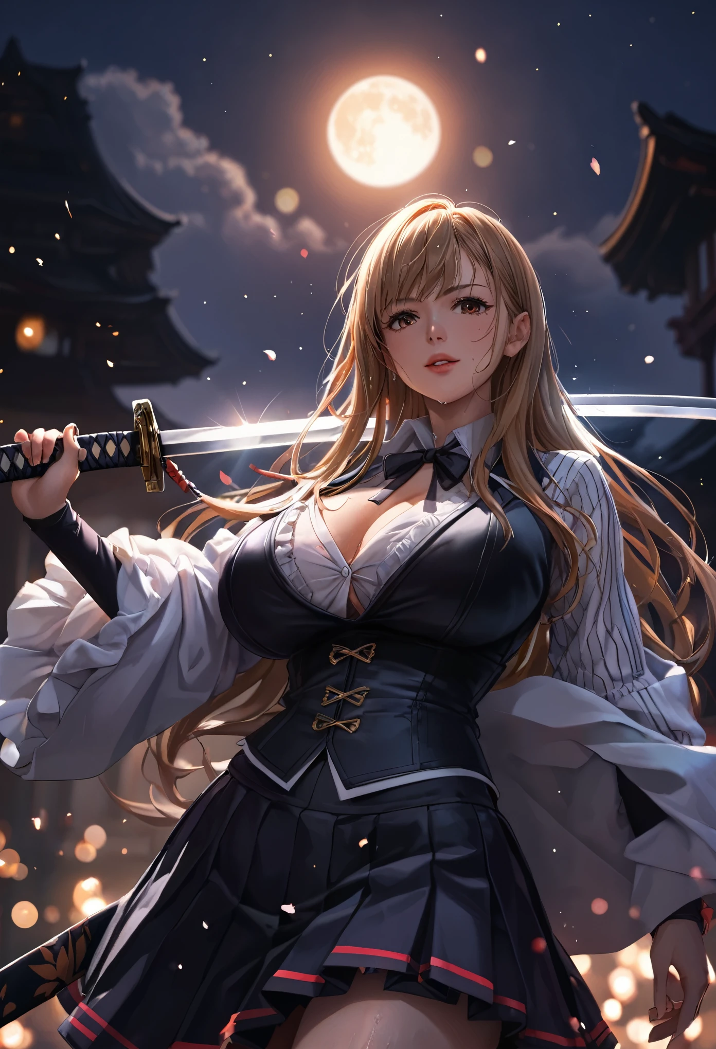 score_9, score_8_up, score_7_up, score_6_up, uncensored, long hair, brown eyes, blonde hair, brown hair, BREAK (detailed eyes:1.5), (perfect hands, perfect anatomy), Anime Style, Manga Style, Hand drawn, cinematic, Sharp focus, humorous illustration, big depth of field, Masterpiece, concept art, trending on artstation, Vivid colors, Simplified style, trending on ArtStation, trending on CGSociety, Intricate, Vibrant colors, Soft Shading, Simplistic Features, Sharp Angles, Playful, excessive sweating, sweating profusely, sweating drop BREAK, huge breasts, collared shirt, long sleeves, black ribbon, neck ribbon, vertical-striped shirt, black corset, dark red skirt, pleated skirt, frilled skirt, bokeh, spotlight, holding, katana, holding katana, moon, moonlight, shimmering light,