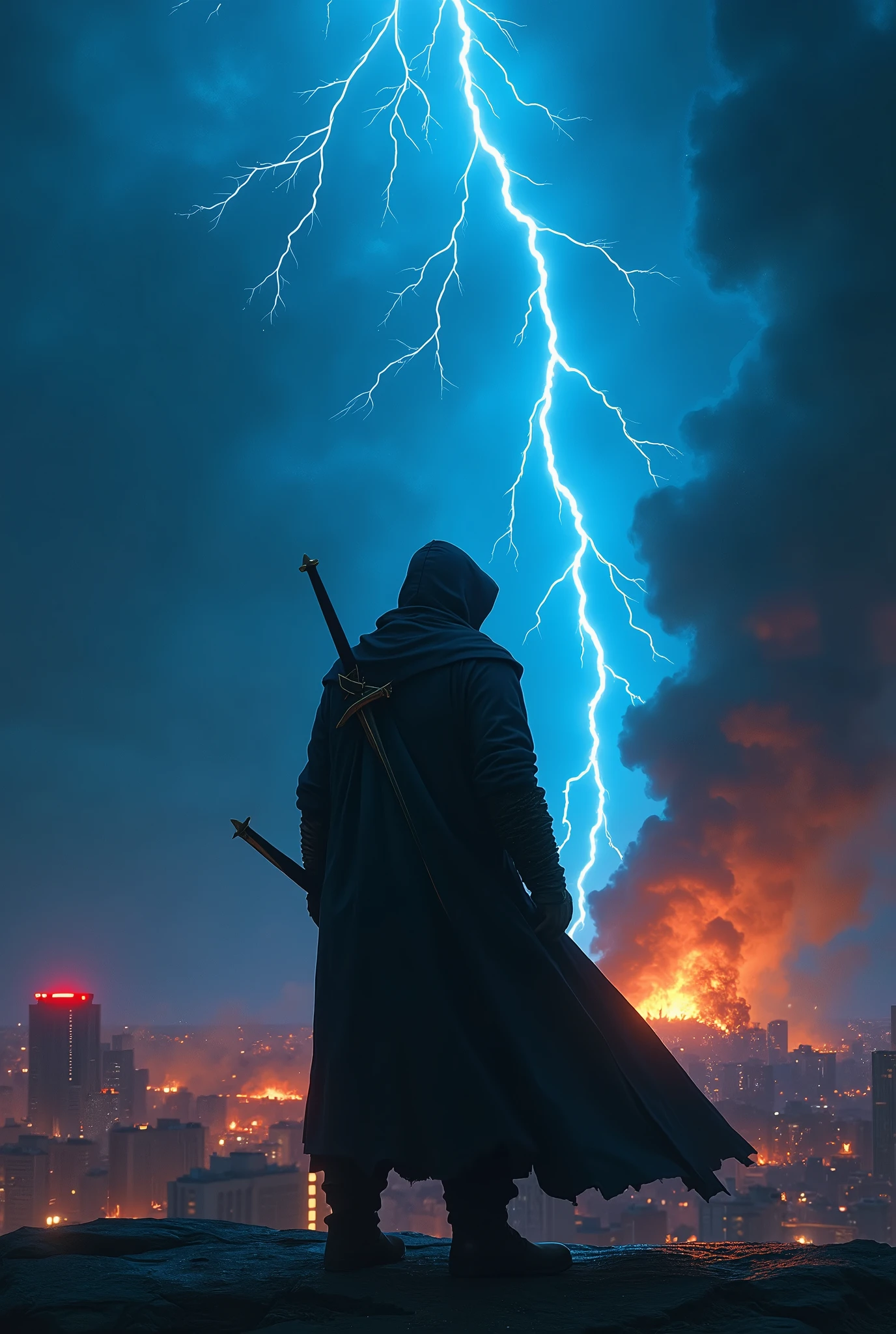 Man in a cloak with a sword on his back watching a blue thunderstorm over a burning city. with red and blue lights illuminating off a building.