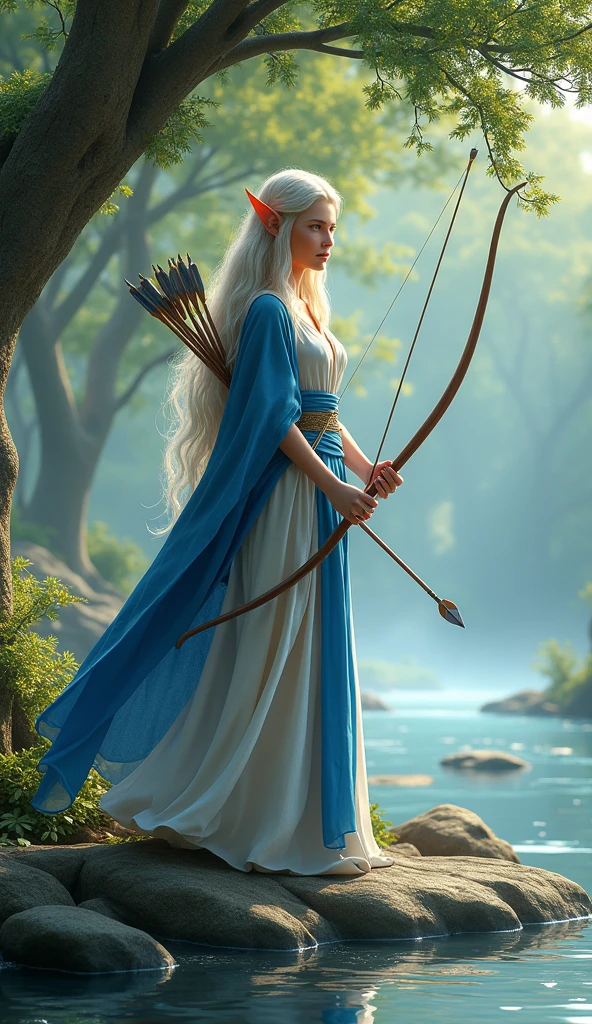 Full body portrait. A beautiful elf woman carrying a bow and arrow wearing blue and white clothes is standing on the river rocks. The background is a beautiful river full of rocks with a big tree on the side This scene is a very detailed and professional 3D digital art. masterpiece.